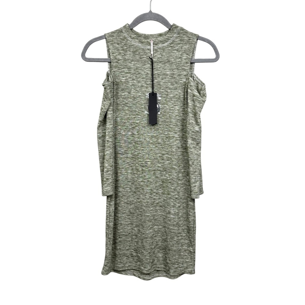 Poof Women Knit Cold Shoulder Dress Crew Neck 3/4 Sleeve Ribbed Heather Green S*